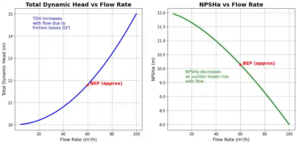 plot for total dynamic Head vs flow rate (system curve) and NPSHa vs Flowrate