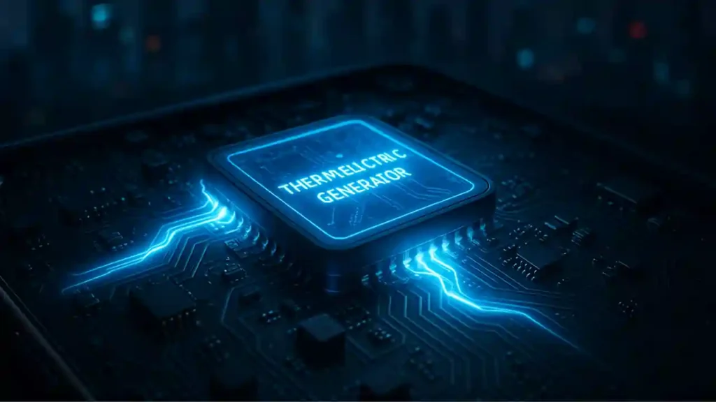 A glowing thermoelectric generator chip powering a smartphone amidst a futuristic cityscape