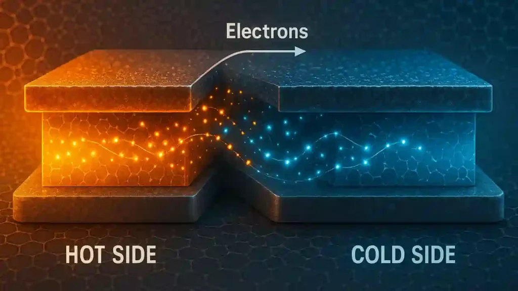 Electron flow from hot to cold side in a thermoelectric generator, illustrated with glowing trails.