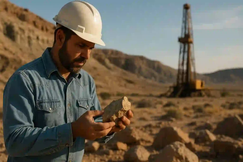 Geologist or drilling rig involved in natural hydrogen exploration