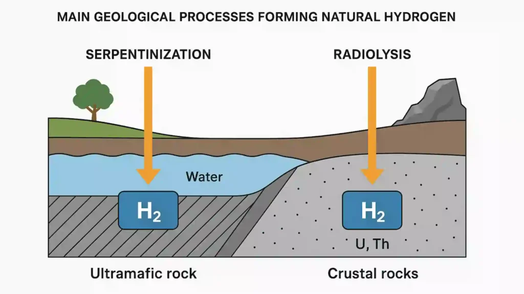 geological processes like serpentinization and radiolysis that produce natural hydrogen underground