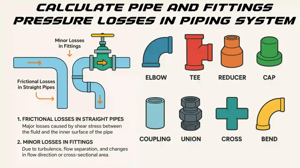 calculate Pipe and Fittings Pressure Losses in Piping System