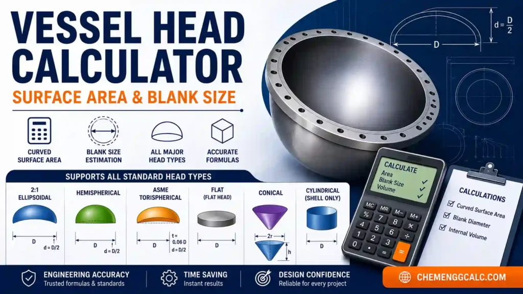 Vessel Head Calculator for Surface Area, Blank Size, Volume & Weight