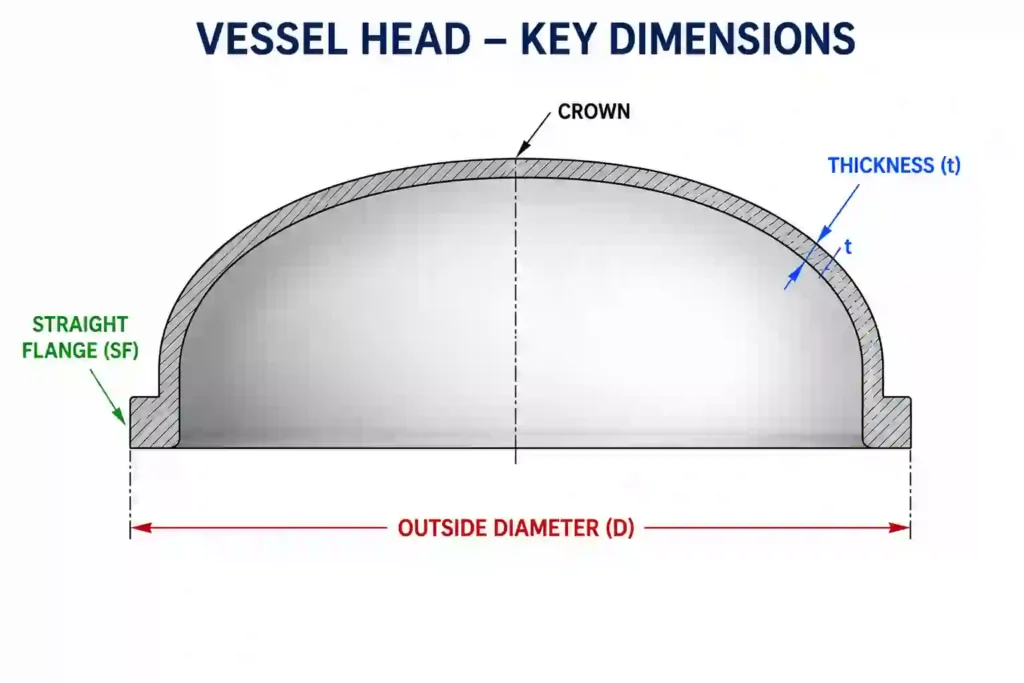 vessel head dimension outside diameter straight flange and thickness