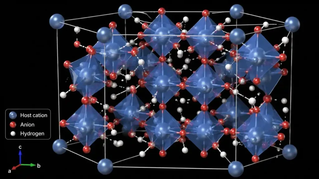 3D crystal lattice showing hydrogen atom positions in a host structure - hydrogen crystal structure prediction using AI diffusion models