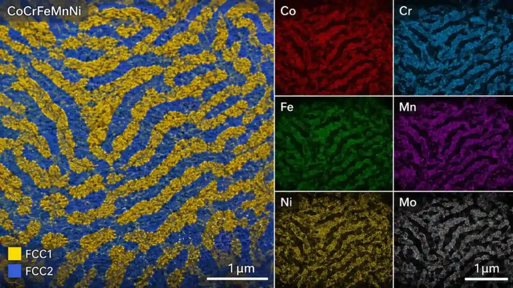 Microstructure of a chemically complex high-entropy alloy showing two-phase nanostructure under electron microscopy.